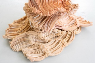 Oriri , Dyed nylon fabric, porcelain, tied,
200 x 80 x 90 cm, 240 x 70 x 70 cm, 180 x 80 x 80 cm, 2022 , Photo: Thor Brødreskift