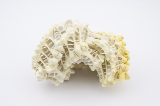 Outgrowth, 2025, Handshaped porcelain elements, dyed nylon textile, tied, 26 x 15 x 15, Photo Thor Brødreskift
